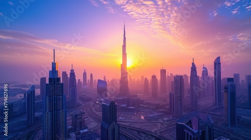 Dubai city center - amazing city skyline with luxury skyscrapers at sunrise  United Arab Emirates