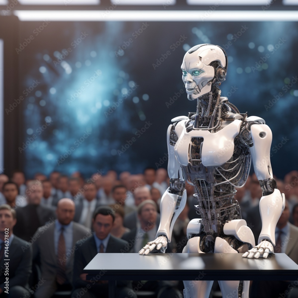 A robot with a human head talking in the best picture of a conference Ai generated art A robot with a human head talking in the best picture of a conference Ai generated art