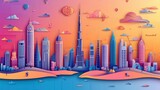 Dubai city colorful paper cut style, vector stock illustration. Cityscape with all famous buildings. Skyline Dubai city composition for design