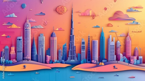 Dubai city colorful paper cut style, vector stock illustration. Cityscape with all famous buildings. Skyline Dubai city composition for design photo