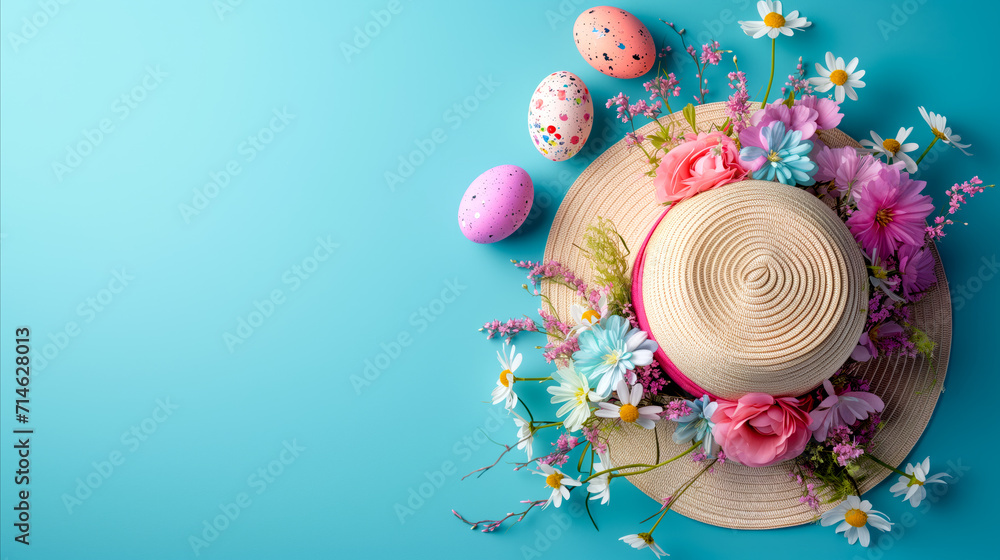 Easter bonnet background with straw hat and flowers with copy space for text.