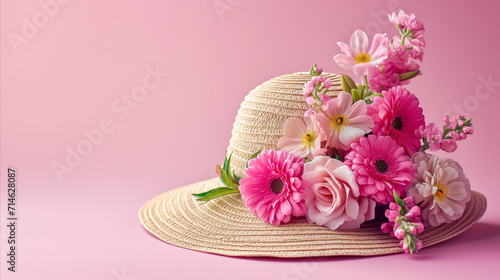 Easter bonnet background with straw hat and flowers with copy space for text. photo