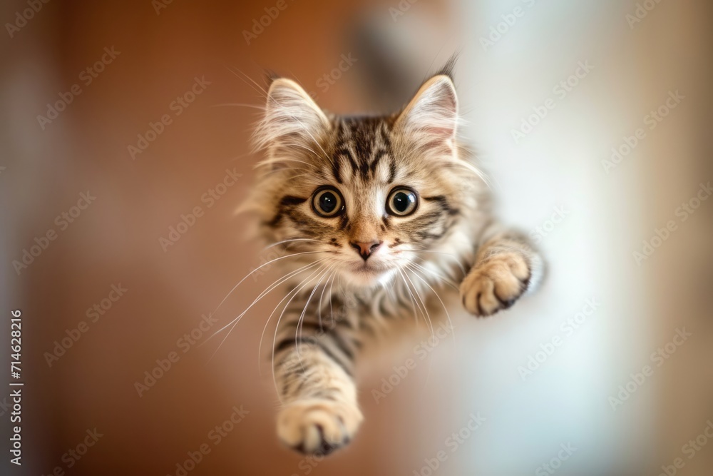 Funny American Longhair cat flying jumping and looking at camera