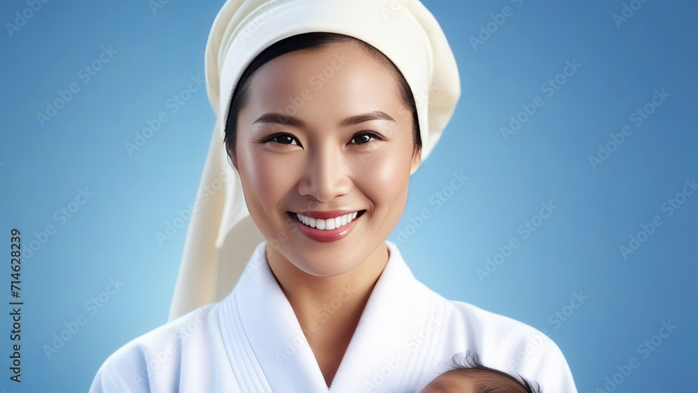 smiling midwife in a white coat and cap, with a child, on a blue blurred background