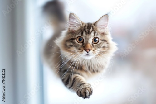 Funny American Longhair cat flying jumping and looking at camera