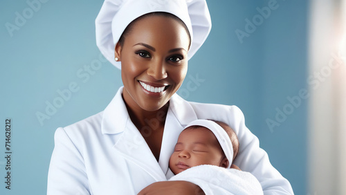 smiling midwife in a white coat and cap  with a child  on a blue blurred background