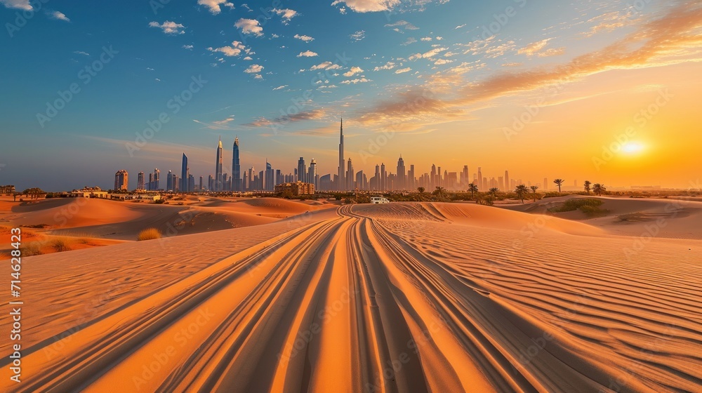 Dubai skyline on the horizon of a sand and dune landscape with tire tracks from a 4x4 vehicle during safari excursion. Blue sky at sunset Dubai skyline on the horizon of a sand and dune landscape with tire tracks from a 4x4 vehicle during safari excursion. Blue sky at sunset