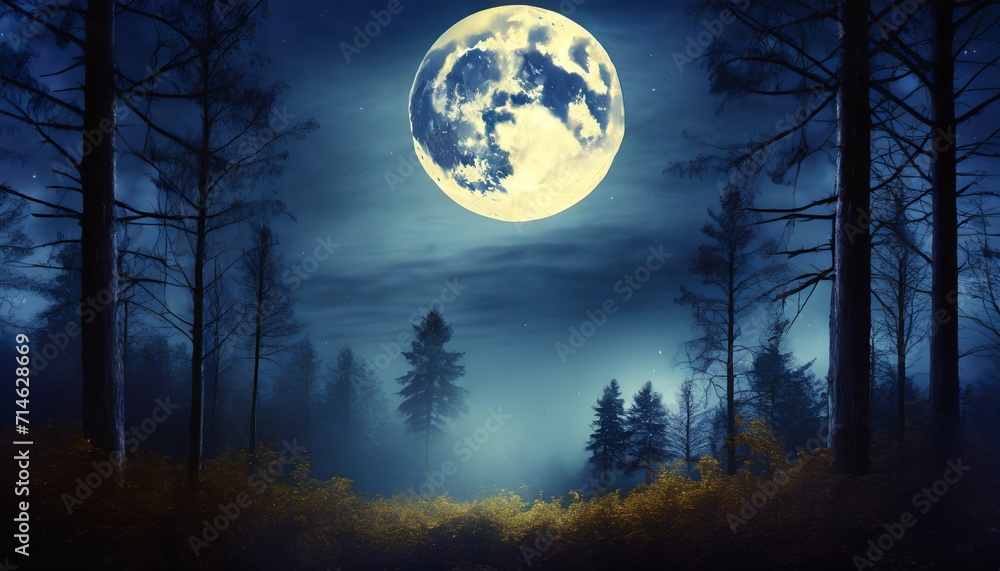 full moon over dark spooky forest at night