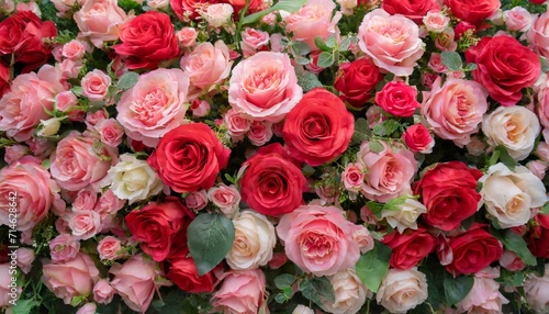 backdrop of red and pink roses flowers wall background wedding decoration © Heaven