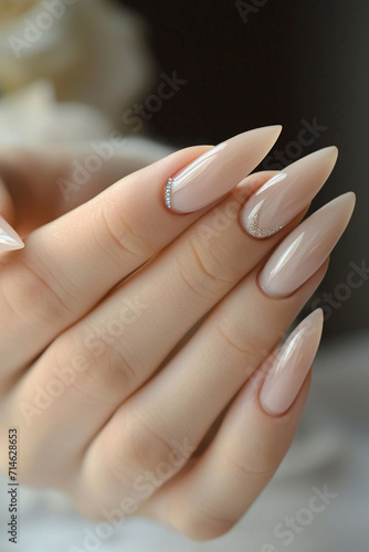 Female hands with beige nail design. Brown manicure with varnish.