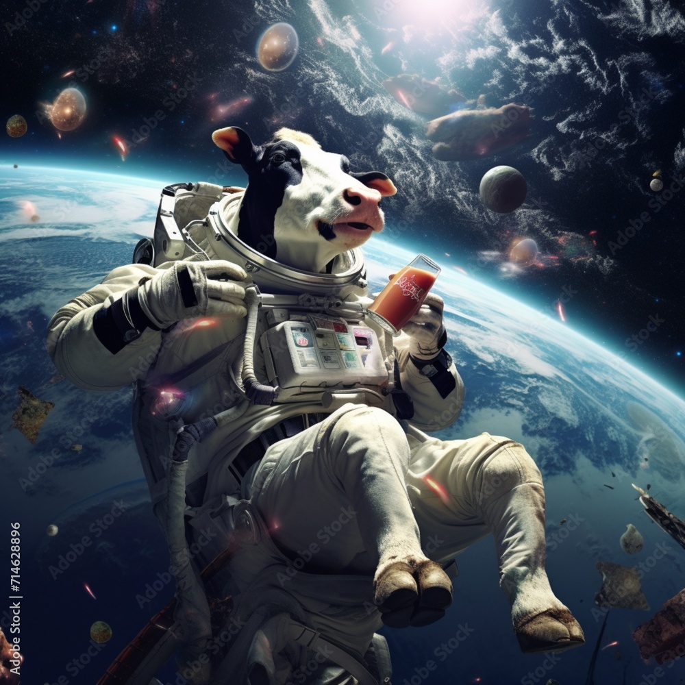 Fototapeta premium A very thin cow drinking a Coke in space Ai generated art