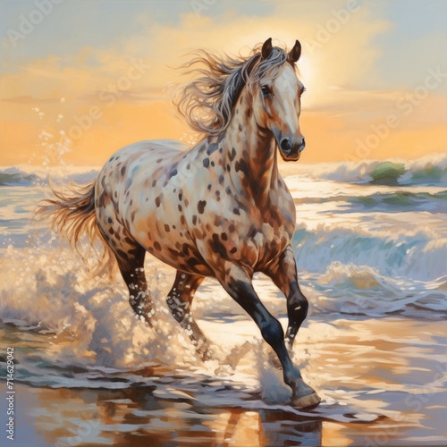 A white horse is running in the water of the beach Ai generated art