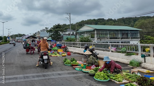 Local vendors sell fresh vegetables at a roadside market in a Southeast Asian town, depicting daily life and local commerce