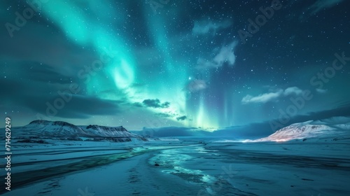  a river running through a snow covered field under a sky filled with green and purple aurora bores above a mountain range with snow covered hills and snow covered in the foreground. © Olga