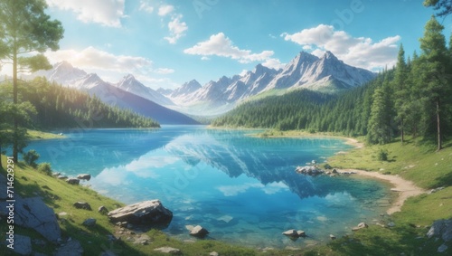  photo of lake view with clear blue water in the middle of the forest against the background of mountains made by AI generative