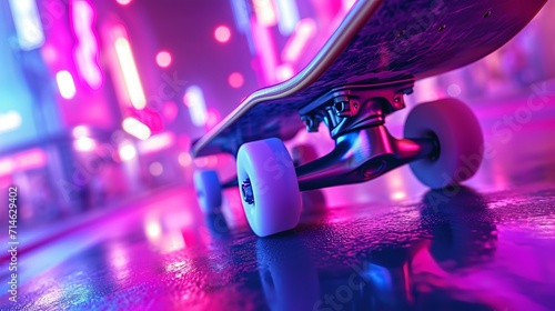 Vibrant close up of colorful skateboard wheels and bearings in dynamic lighting photo