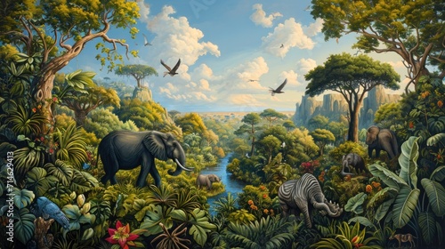  a painting of elephants, zebras, and birds in a jungle with a river and mountains in the background with birds flying over the trees and a bird in the foreground.