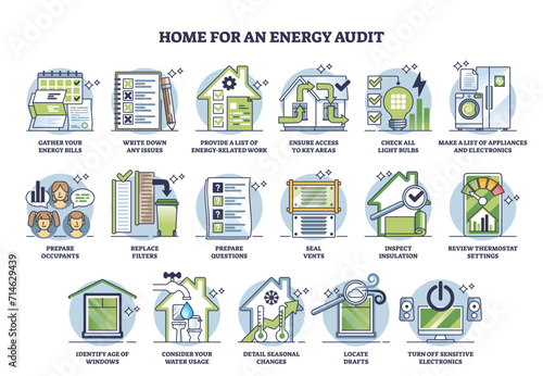 General steps to prepare your home for energy audit outline diagram, transparent background. Labeled educational scheme with key points for property efficiency analysis illustration.