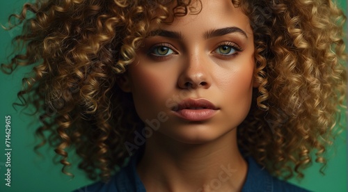 portrait of a fashion woman, curly hairs of a woman, portrait of a pretty young fashion model, pretty fashion girl in studio, curly haired woman