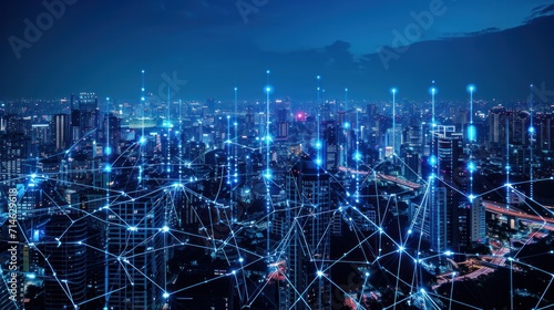 Modern city with wireless network connection and city scape concept.Wireless network and Connection technology concept with city background at night photo
