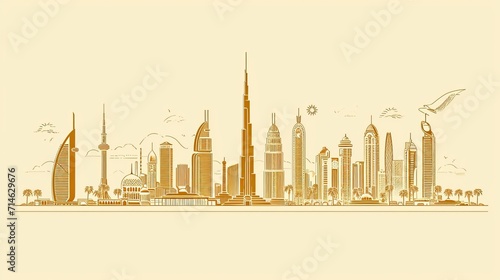 Modern United Arab Emirates line art, golden architecture vector illustration, skyline, all famous buildings