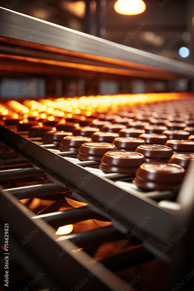 A close-up view of chocolate candies being molded on a production line in a confectionery factory, with a warm lighting atmosphere, AI Generative. A close-up view of chocolate candies being molded on a production line in a confectionery factory, with a warm lighting atmosphere, AI Generative.