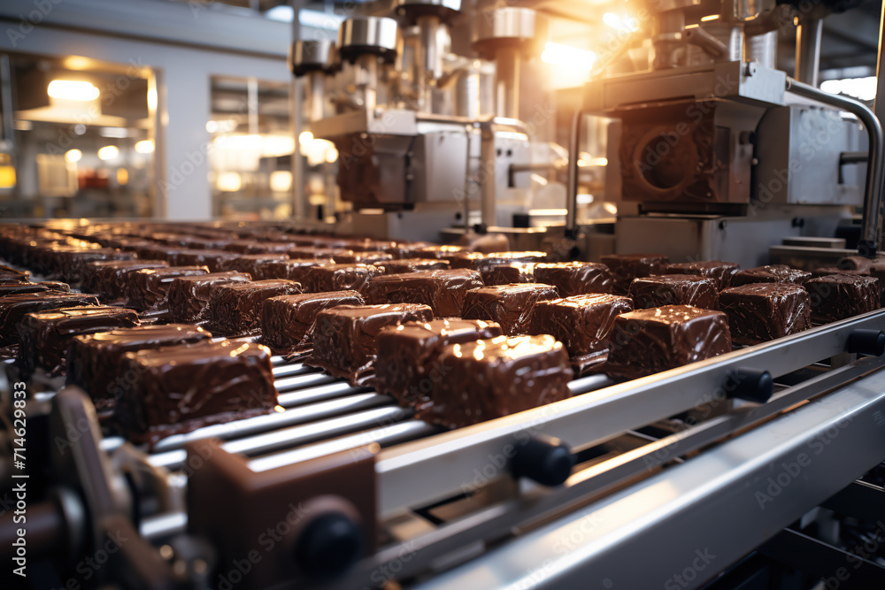 A close-up view of chocolate candies being molded on a production line in a confectionery factory, with a warm lighting atmosphere, AI Generative. A close-up view of chocolate candies being molded on a production line in a confectionery factory, with a warm lighting atmosphere, AI Generative.