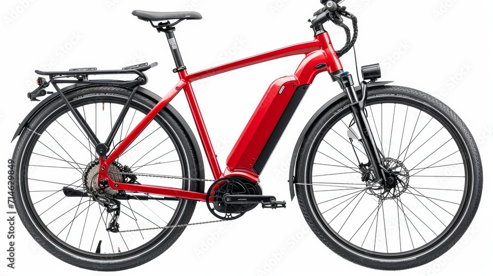red modern mid drive motor city touring or trekking e bike pedelec with electric engine middle mount. battery powered ebike isolated on white background. Innovation transportation concept red modern mid drive motor city touring or trekking e bike pedelec with electric engine middle mount. battery powered ebike isolated on white background. Innovation transportation concept