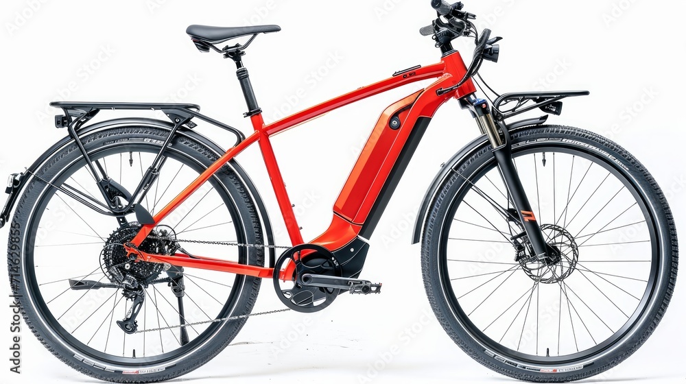 red modern mid drive motor city touring or trekking e bike pedelec with electric engine middle mount. battery powered ebike isolated on white background. Innovation transportation concept red modern mid drive motor city touring or trekking e bike pedelec with electric engine middle mount. battery powered ebike isolated on white background. Innovation transportation concept