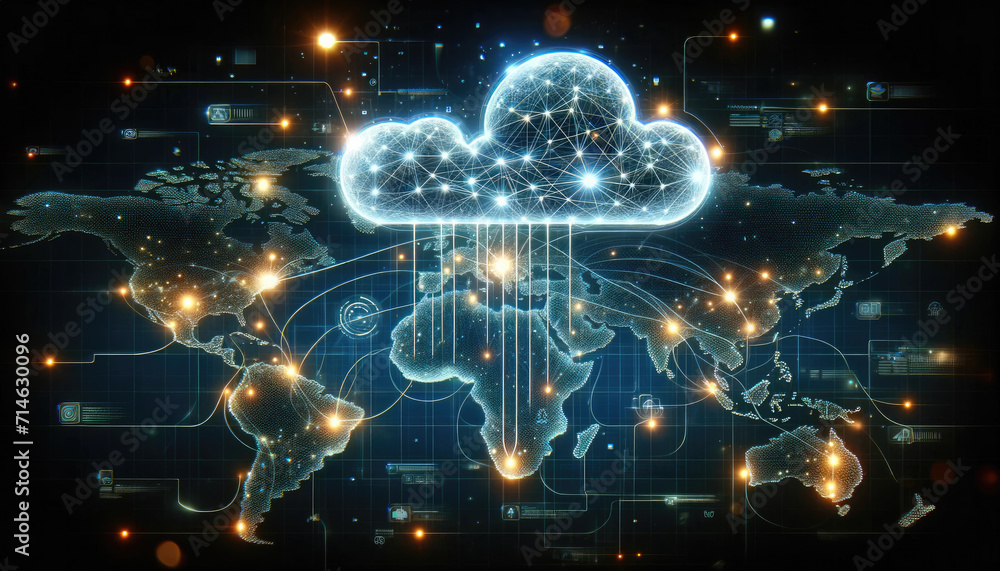 Global Cloud Computing Network Concept Illustration-Futuristic illustration of a global cloud computing network with interconnected data points and world map.