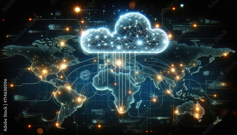 Global Cloud Computing Network Concept Illustration-Futuristic illustration of a global cloud computing network with interconnected data points and world map. Global Cloud Computing Network Concept Illustration-Futuristic illustration of a global cloud computing network with interconnected data points and world map.