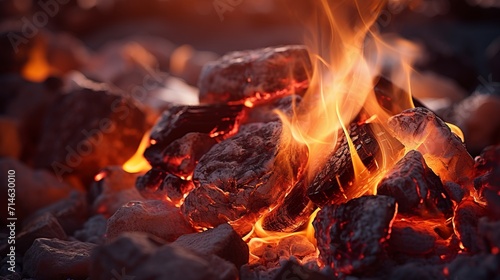 Intimate close up of a crackling fireplace with vibrant flames and glowing embers
