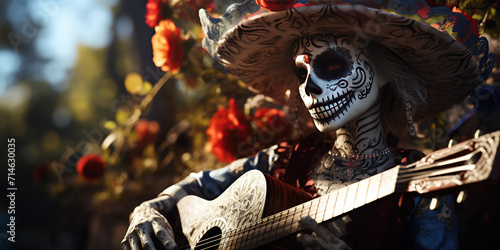 Banner Artistically crafted mariachi skeletons adorned in sombreros play guitars in a warmly lit setting, celebrating the Day of the Dead, AI Generative. photo