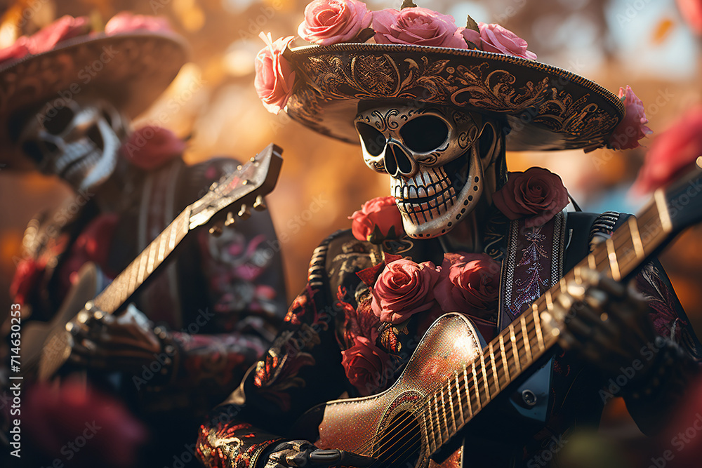 Artistically crafted mariachi skeletons adorned in sombreros play guitars in a warmly lit setting, celebrating the Day of the Dead, AI Generative. - obrazy, fototapety, plakaty 
