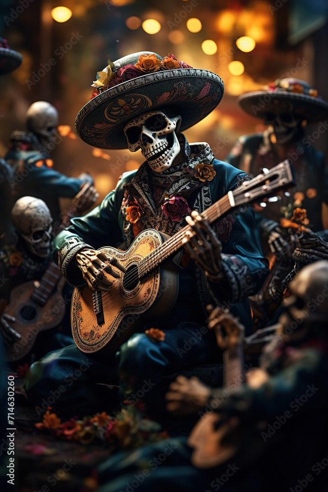 Artistically crafted mariachi skeletons adorned in sombreros play guitars in a warmly lit setting, celebrating the Day of the Dead, AI Generative.