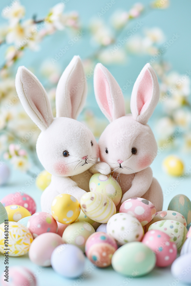 two rabbits and colorful eggs, Easter concept two rabbits and colorful eggs, Easter concept