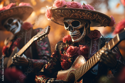 Artistically crafted mariachi skeletons adorned in sombreros play guitars in a warmly lit setting, celebrating the Day of the Dead, AI Generative. photo