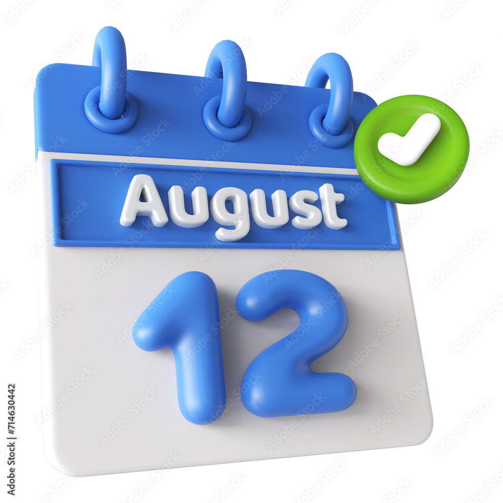 12th August Calendar Icon 3D Render with Checkmark Icon, Calendar Icon 3D Illustration