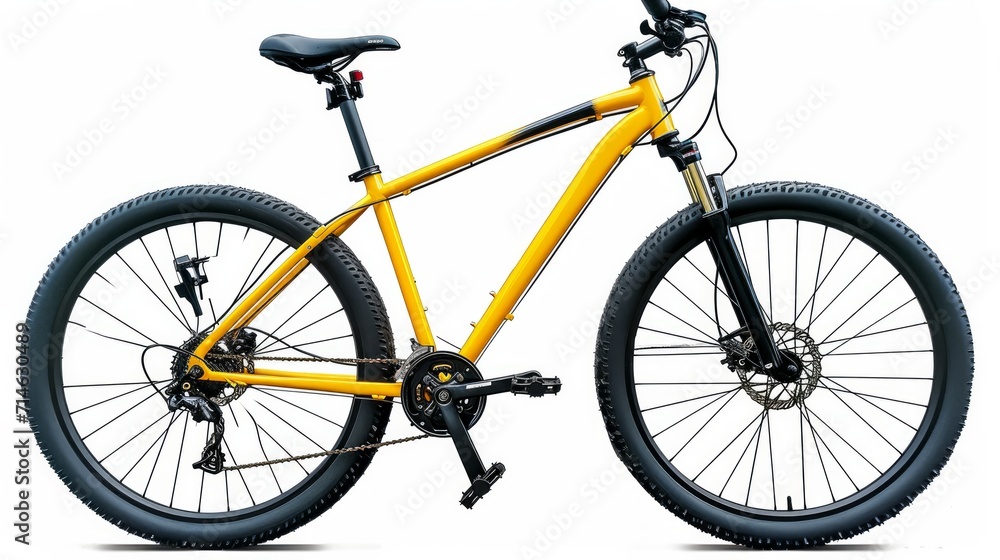 yellow black 29er mountainbike with thick offroad tyres. bicycle mtb cross country aluminum, cycling sport transport concept isolated on white background - obrazy, fototapety, plakaty 
