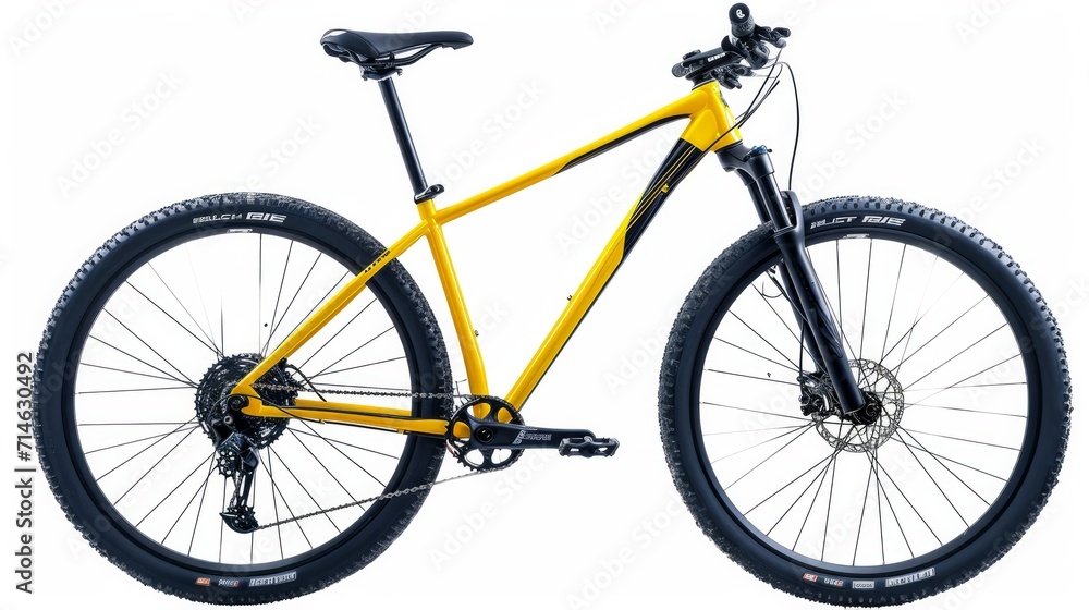 yellow black 29er mountainbike with thick offroad tyres. bicycle mtb cross country aluminum, cycling sport transport concept isolated on white background