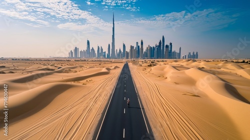 View from above, stunning aerial view of an unidentified person walking on a deserted road covered by sand dunes with the Dubai Skyline in the background. Dubai, United Arab Emirates