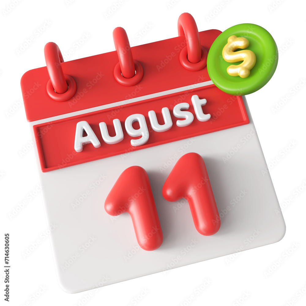 11th August Calendar Icon 3D Render with Dollar Icon, Calendar Icon 3D Illustration 11th August Calendar Icon 3D Render with Dollar Icon, Calendar Icon 3D Illustration