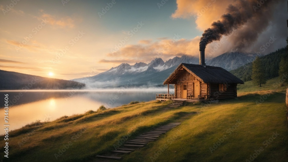 photo of a wooden hut by the lake against the background of mountains in the afternoon made by AI generative