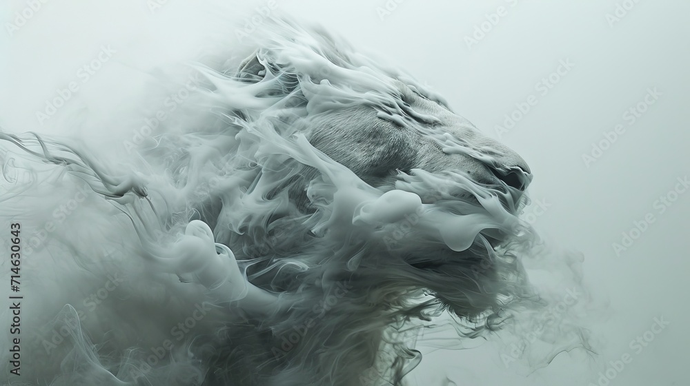Lion floating in the air, white and gray, dispersing, silky as water, close-up, made of smoke
