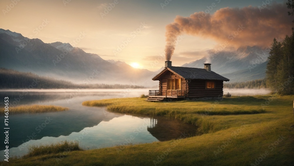 photo of a wooden hut by the lake against the background of mountains in the afternoon made by AI generative