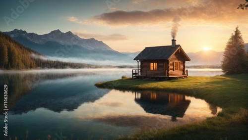 photo of a wooden hut by the lake against the background of mountains in the afternoon made by AI generative photo