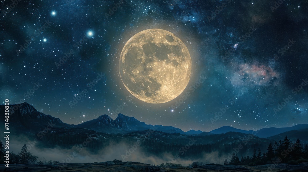  a painting of a full moon in the night sky with mountains in the foreground and trees in the foreground, with a mountain range in the foreground.