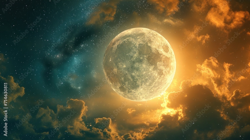  a picture of a full moon in a cloudy sky with a star in the middle of the picture and some clouds in the foreground with a bright yellow glow.