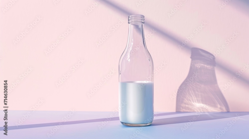 a bottle of milk sitting on a table next to a glass bottle with a liquid inside of it and a plastic bag on the side of the table behind it. a bottle of milk sitting on a table next to a glass bottle with a liquid inside of it and a plastic bag on the side of the table behind it.