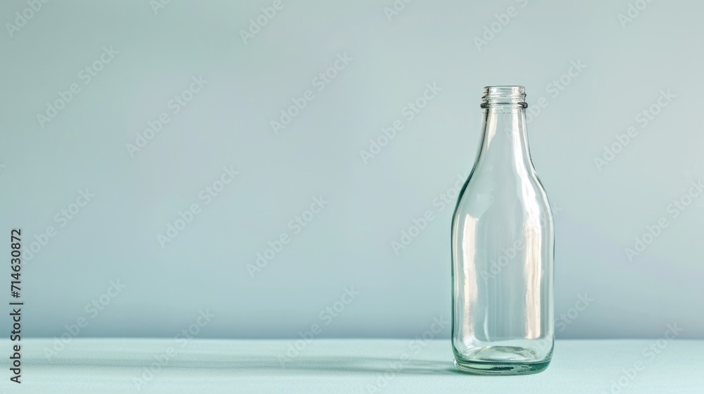 a glass bottle sitting on a table with a light blue wall behind it and a light blue wall behind it and a light blue wall in the background behind it. a glass bottle sitting on a table with a light blue wall behind it and a light blue wall behind it and a light blue wall in the background behind it.